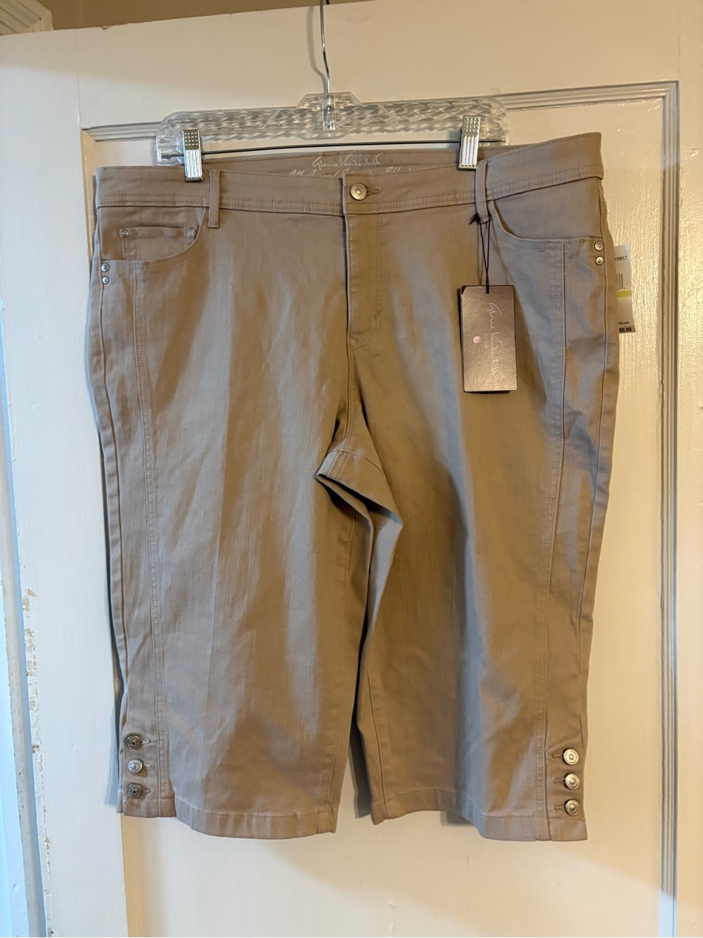 Beige Capri Pants with Button Hem